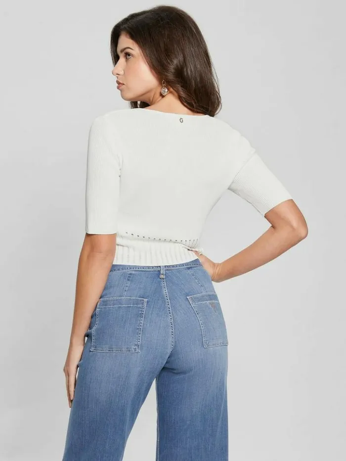 Women GUESS Tops Soft Bandage VNeck Top Cream White