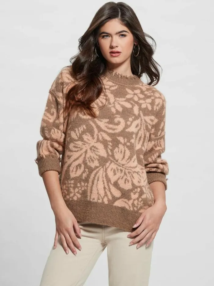 Women GUESS Tops Staci Floral Sweater Folk Floral Print Pink