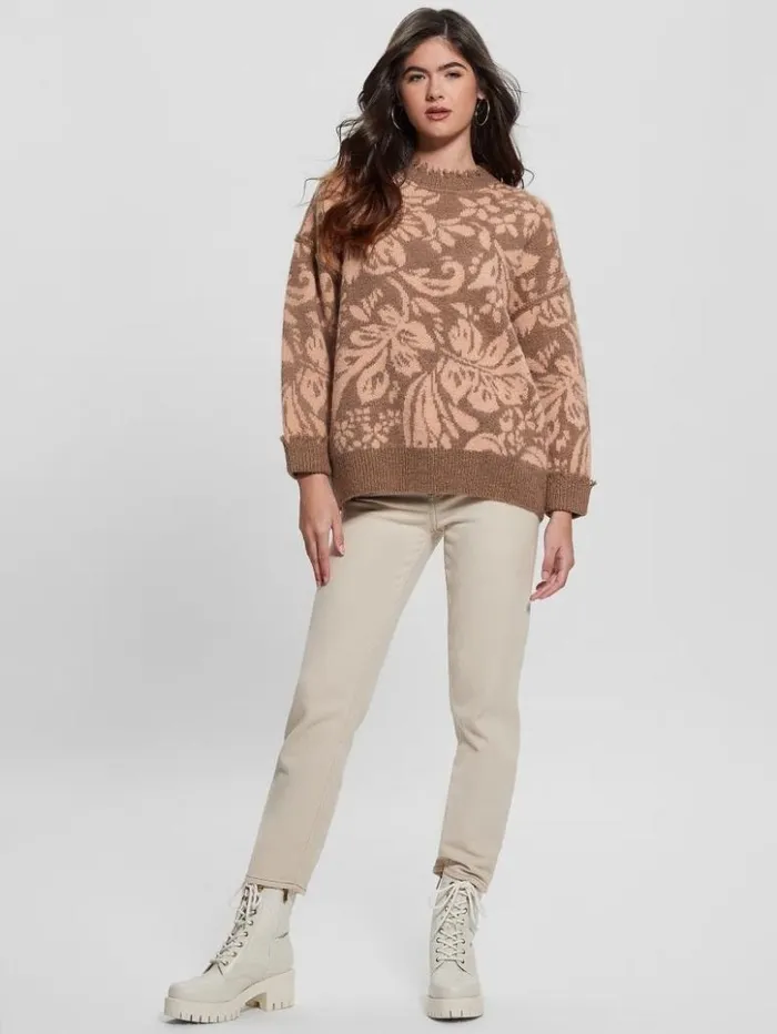 Women GUESS Tops Staci Floral Sweater Folk Floral Print Pink