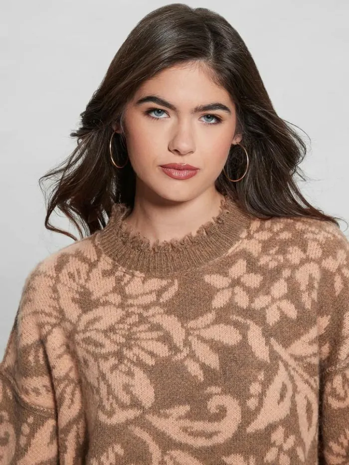 Women GUESS Tops Staci Floral Sweater Folk Floral Print Pink