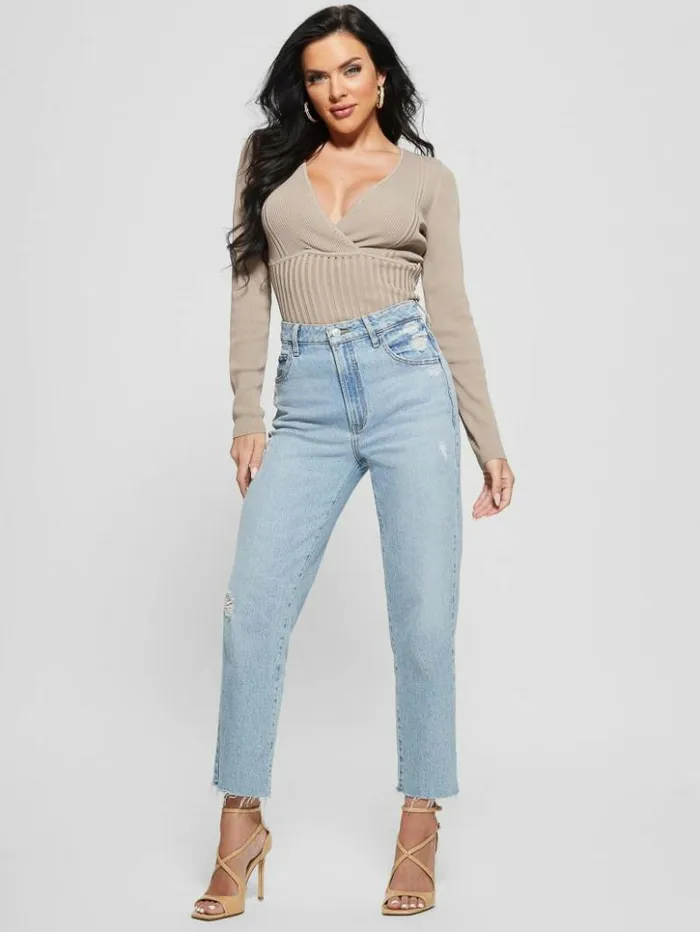 Women GUESS Tops Surplice Soft Bandage Sweater Top Silk Taupe