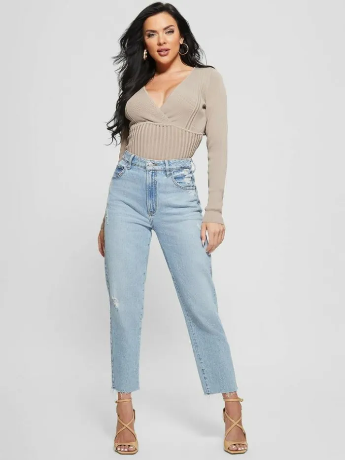 Women GUESS Tops Surplice Soft Bandage Sweater Top Silk Taupe