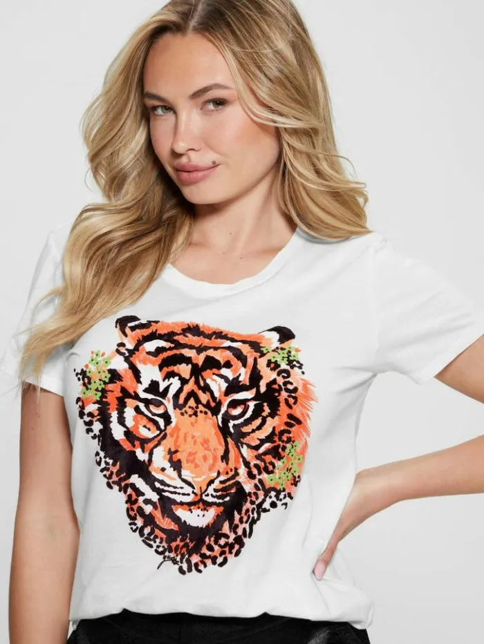 Women GUESS Tops Tiger Rhinestone Tee Cream White Multi