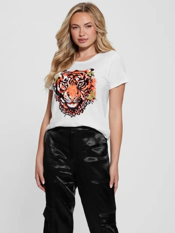 Women GUESS Tops Tiger Rhinestone Tee Cream White Multi