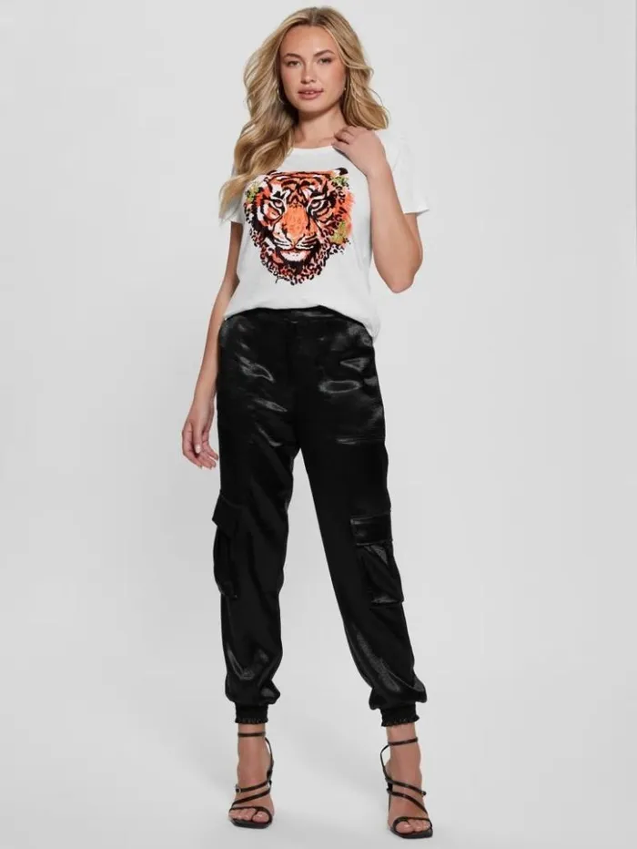 Women GUESS Tops Tiger Rhinestone Tee Cream White Multi