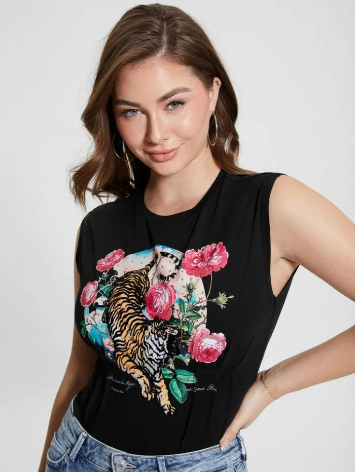 Women GUESS Tops Tiger Roses Corset Tee Black