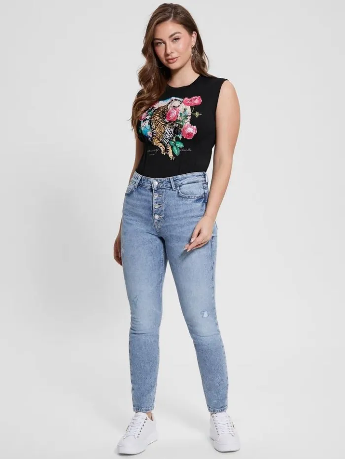 Women GUESS Tops Tiger Roses Corset Tee Black