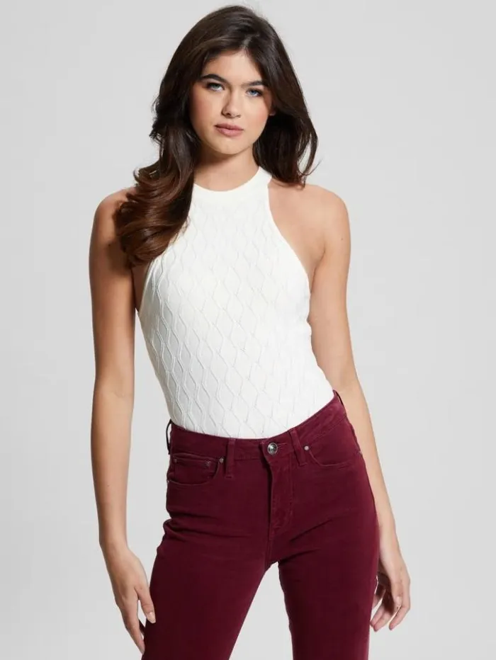 Women GUESS Tops Vanessa Diamond Knit Sweater Tank Dove White