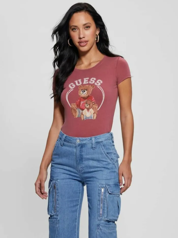 Women GUESS Tops Varsity Bear Tee Tahiti Red Multi