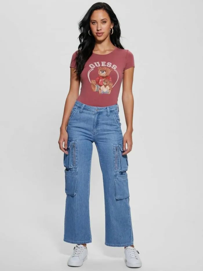 Women GUESS Tops Varsity Bear Tee Tahiti Red Multi