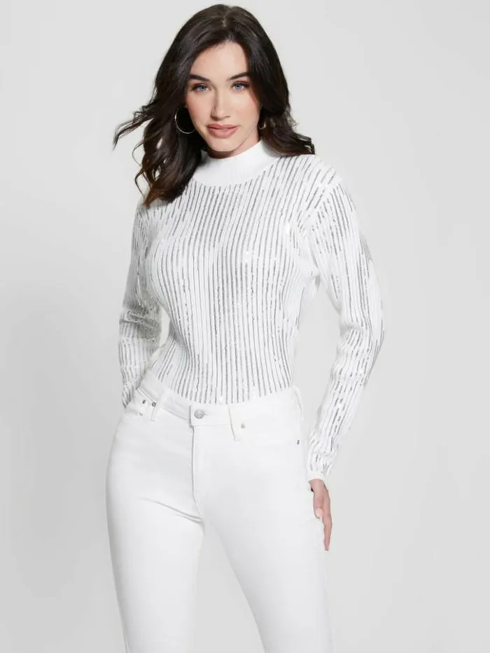 Women GUESS Tops Vivian Sequin Sweater Pure White