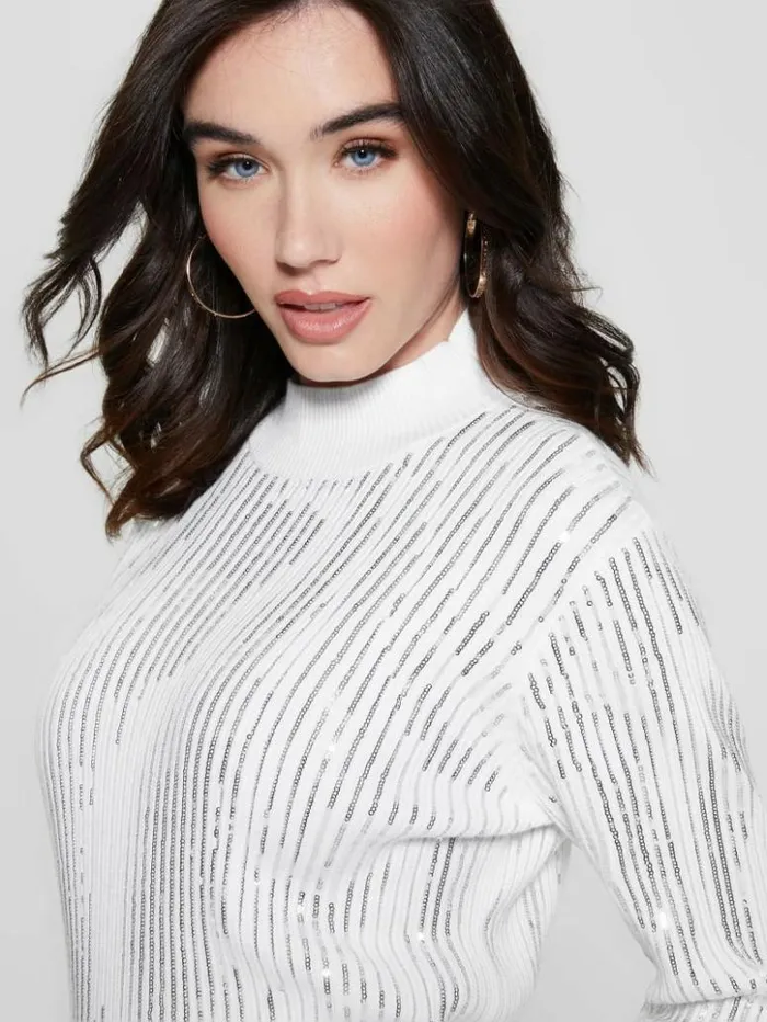 Women GUESS Tops Vivian Sequin Sweater Pure White
