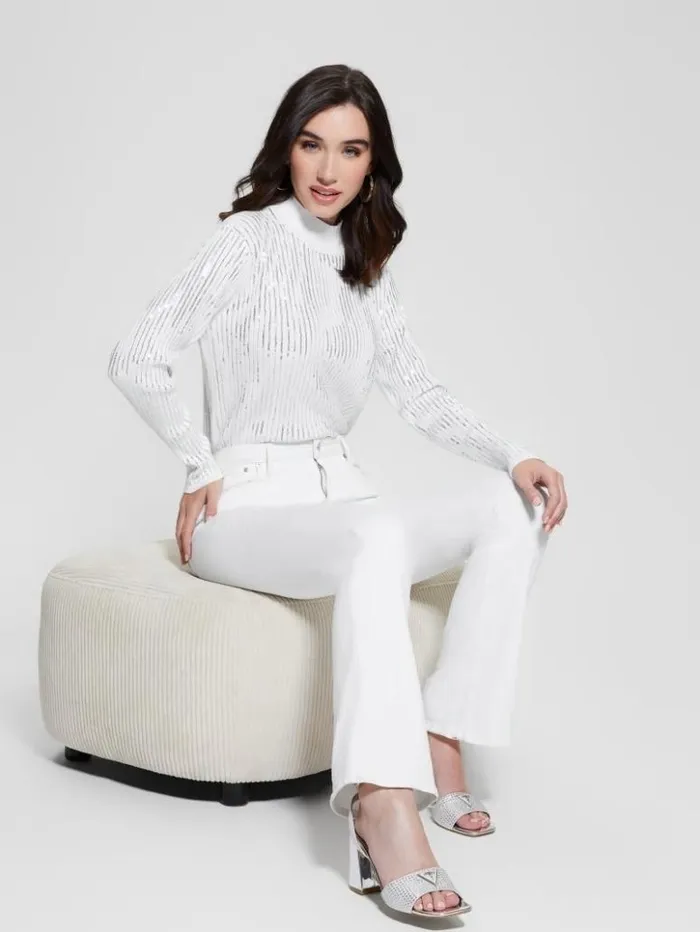 Women GUESS Tops Vivian Sequin Sweater Pure White