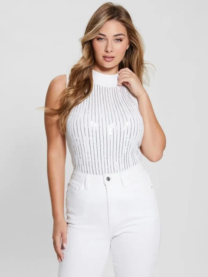Women GUESS Tops Vivian Sequin Tank Top Pure White