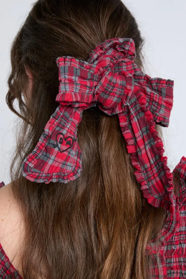 Women Hair Accessories Damson Madder Red Check Bow Scrunchie