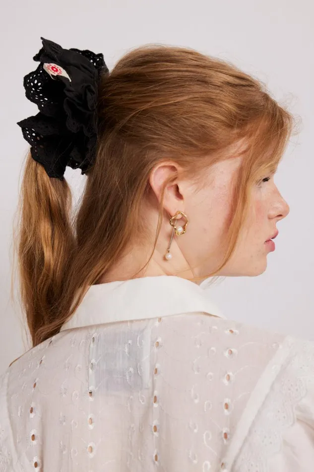 Women Hair Accessories Damson Madder Scrunchie With Broderie Edge 8211 Black