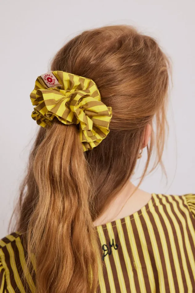 Women Hair Accessories Damson Madder Shirred Garter Scrunchie 8211 Yellow and Brown Stripe