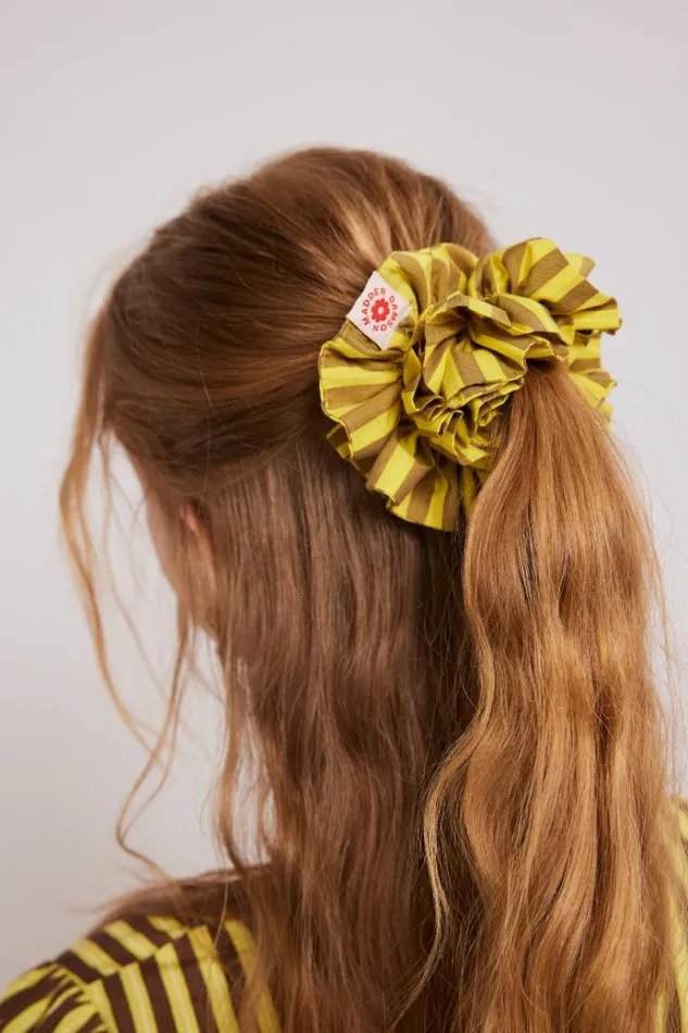 Women Hair Accessories Damson Madder Shirred Garter Scrunchie 8211 Yellow and Brown Stripe