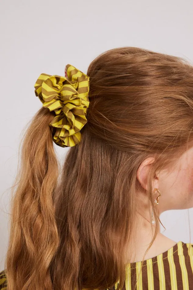 Women Hair Accessories Damson Madder Shirred Garter Scrunchie 8211 Yellow and Brown Stripe