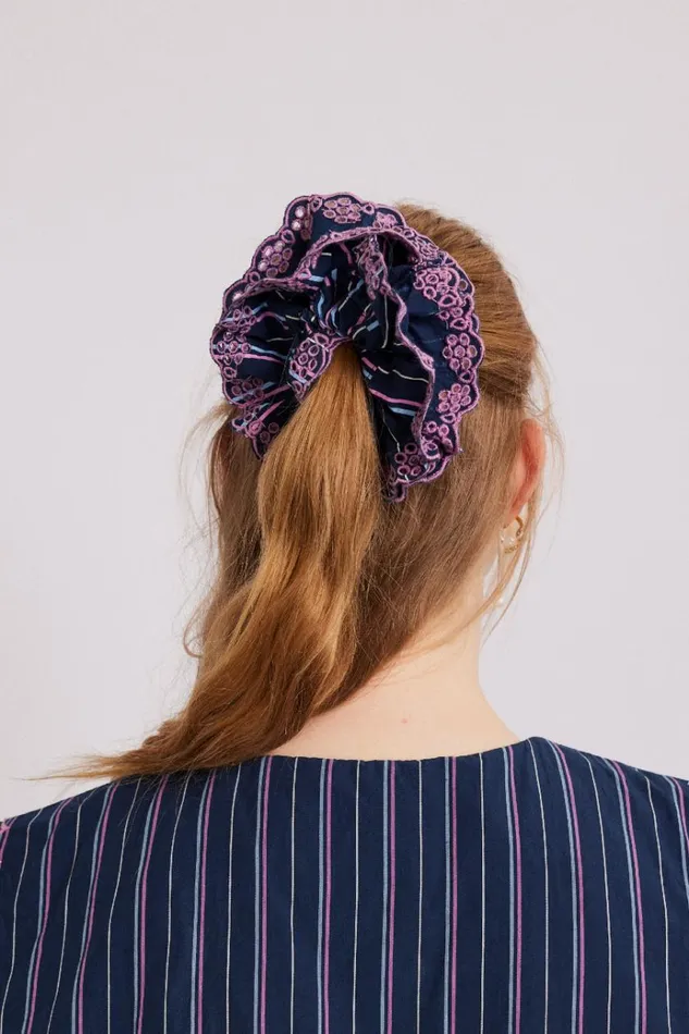 Women Hair Accessories Damson Madder Stripe Scrunchie With Broderie Edge