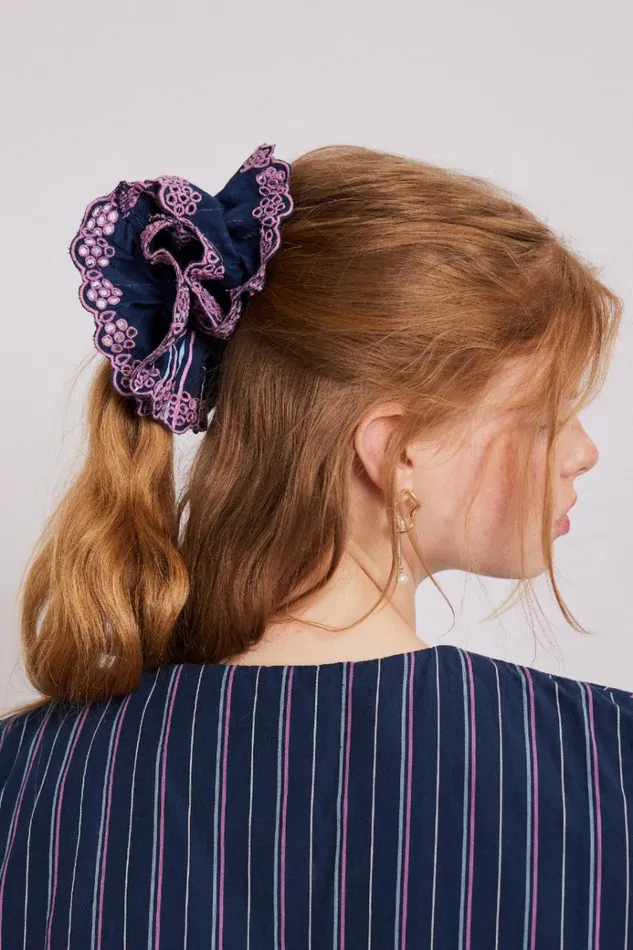 Women Hair Accessories Damson Madder Stripe Scrunchie With Broderie Edge