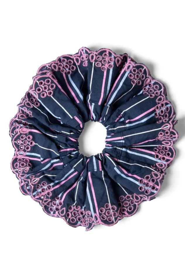 Women Hair Accessories Damson Madder Stripe Scrunchie With Broderie Edge
