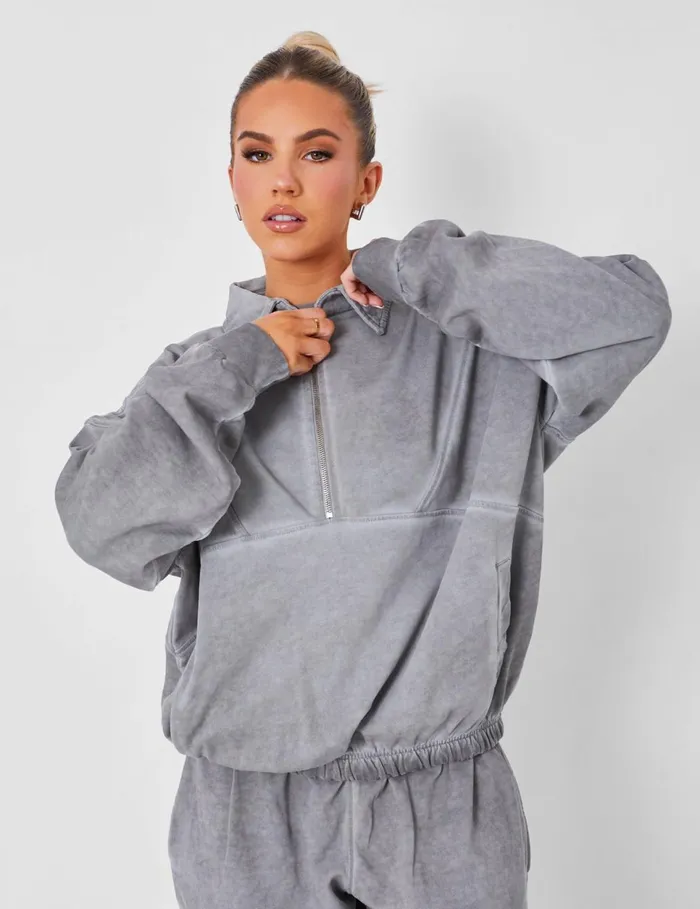 Women Half Zip Oversized Sweatshirt Coord Washed Grey Grey Public Desire Tops