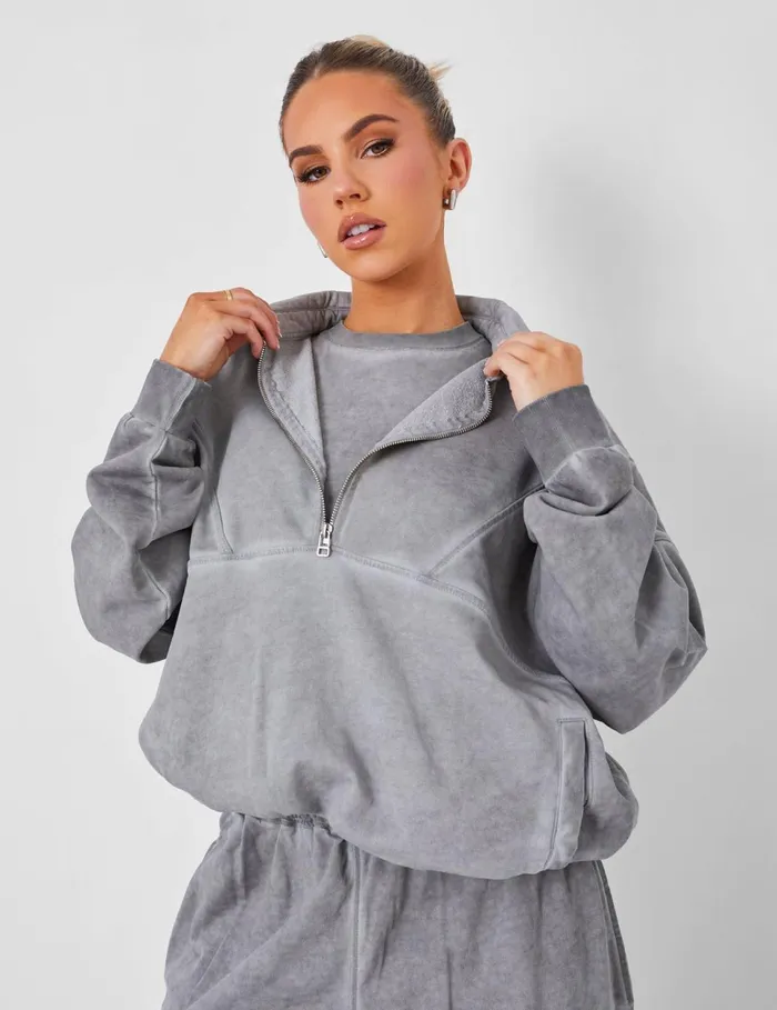Women Half Zip Oversized Sweatshirt Coord Washed Grey Grey Public Desire Tops