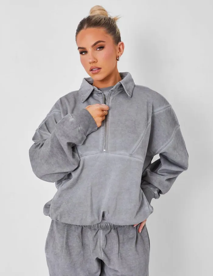 Women Half Zip Oversized Sweatshirt Coord Washed Grey Grey Public Desire Tops
