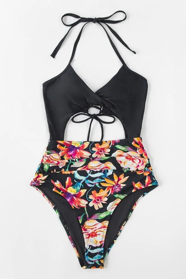 Women Halter and Lace Up Swimsuits Cupshe Alexa Floral Cutout Twist One Piece Swimsuit Black