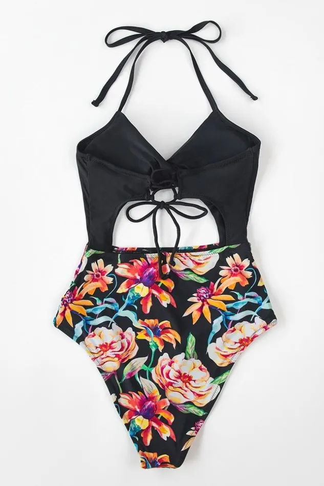 Women Halter and Lace Up Swimsuits Cupshe Alexa Floral Cutout Twist One Piece Swimsuit Black