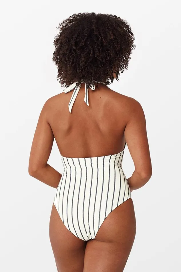 Women Halter and Lace Up Swimsuits Cupshe Alice Stripe Halter One Piece Swimsuit Whiteblack