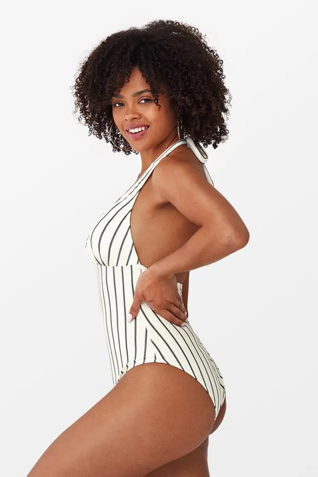 Women Halter and Lace Up Swimsuits Cupshe Alice Stripe Halter One Piece Swimsuit Whiteblack