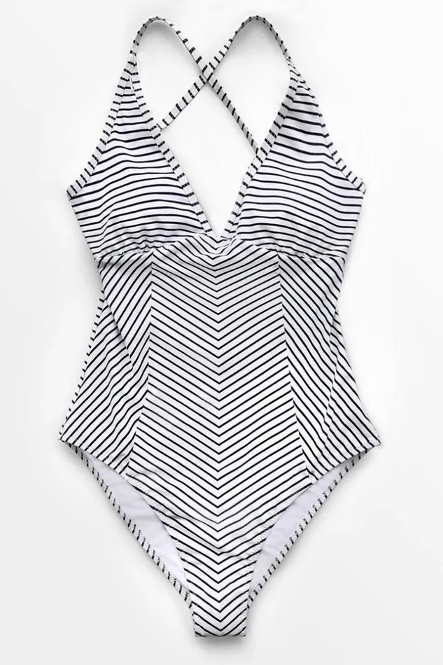 Women Halter and Lace Up Swimsuits Cupshe Black And White Stripe Vneck One Piece Swimsuit Blackwhite