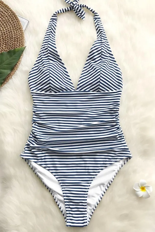 Women Halter and Lace Up Swimsuits Cupshe Blue And White Stripe Halter One Piece Swimsuit Dark Bluewhite