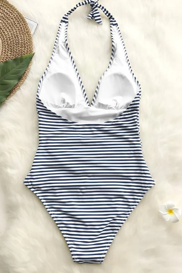 Women Halter and Lace Up Swimsuits Cupshe Blue And White Stripe Halter One Piece Swimsuit Dark Bluewhite