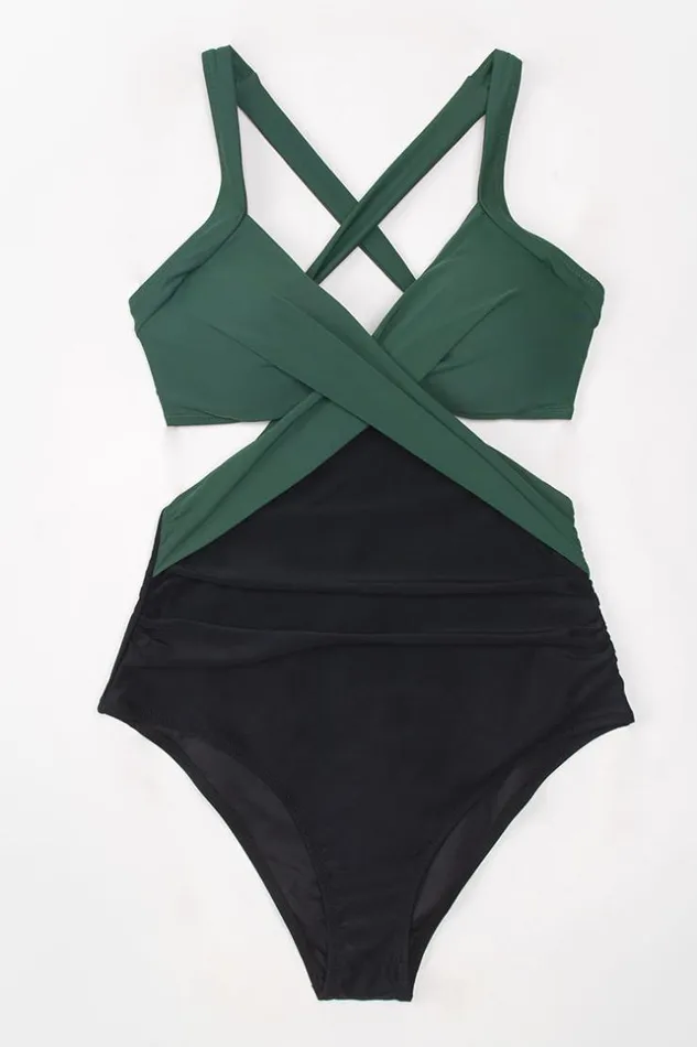 Women Halter and Lace Up Swimsuits Cupshe Carly Colorblock One Piece Swimsuit Greenblack