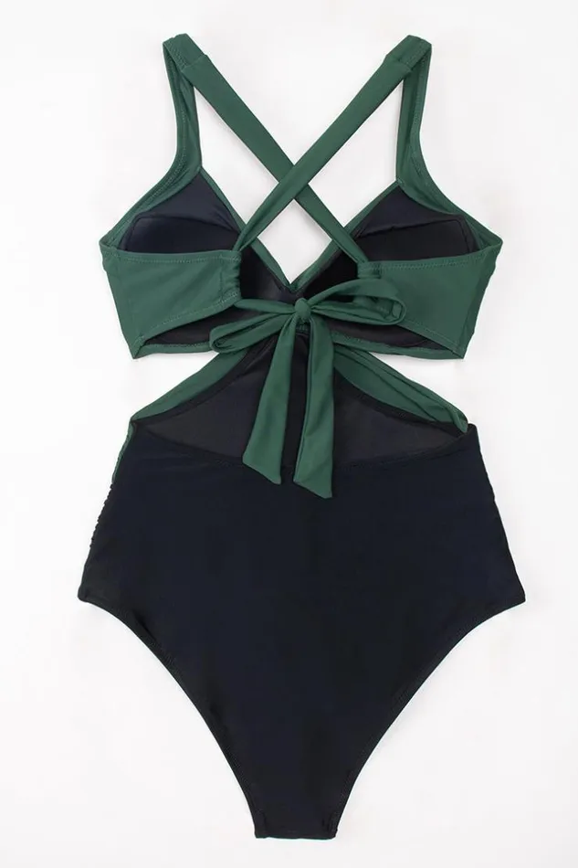 Women Halter and Lace Up Swimsuits Cupshe Carly Colorblock One Piece Swimsuit Greenblack