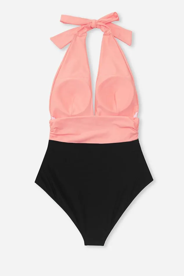 Women Halter and Lace Up Swimsuits Cupshe Christine Ruched Halter One Piece Swimsuit Multicolor