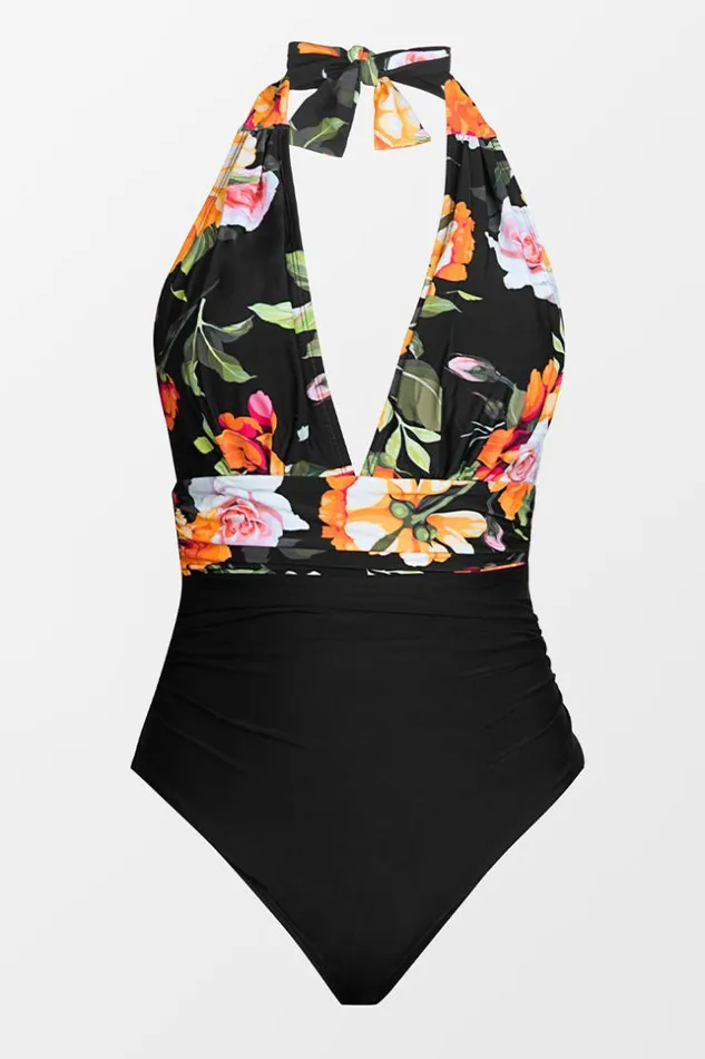 Women Halter and Lace Up Swimsuits Cupshe Floral And Black Plunge Halter One Piece Swimsuit Multicolor
