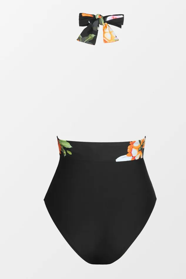Women Halter and Lace Up Swimsuits Cupshe Floral And Black Plunge Halter One Piece Swimsuit Multicolor