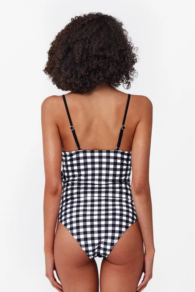 Women Halter and Lace Up Swimsuits Cupshe Izzy Gingham One Piece Swimsuit Blackwhite