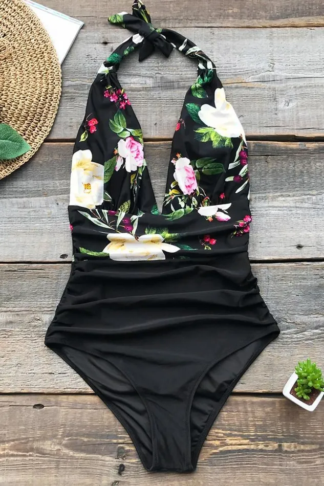 Women Halter and Lace Up Swimsuits Cupshe Lost Butterfly Shirring One Piece Swimsuit Multicolor