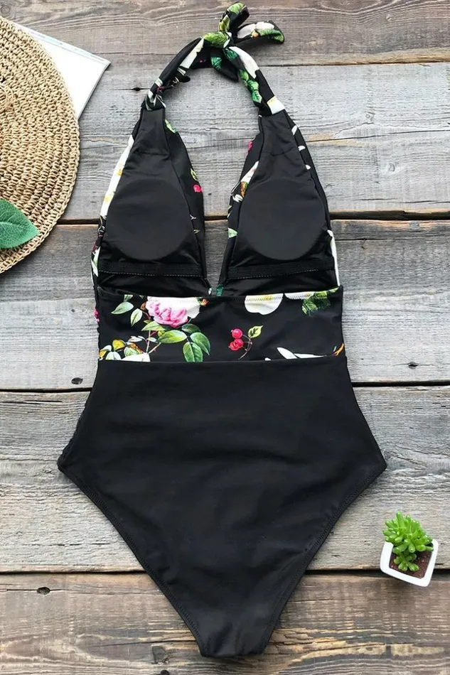 Women Halter and Lace Up Swimsuits Cupshe Lost Butterfly Shirring One Piece Swimsuit Multicolor