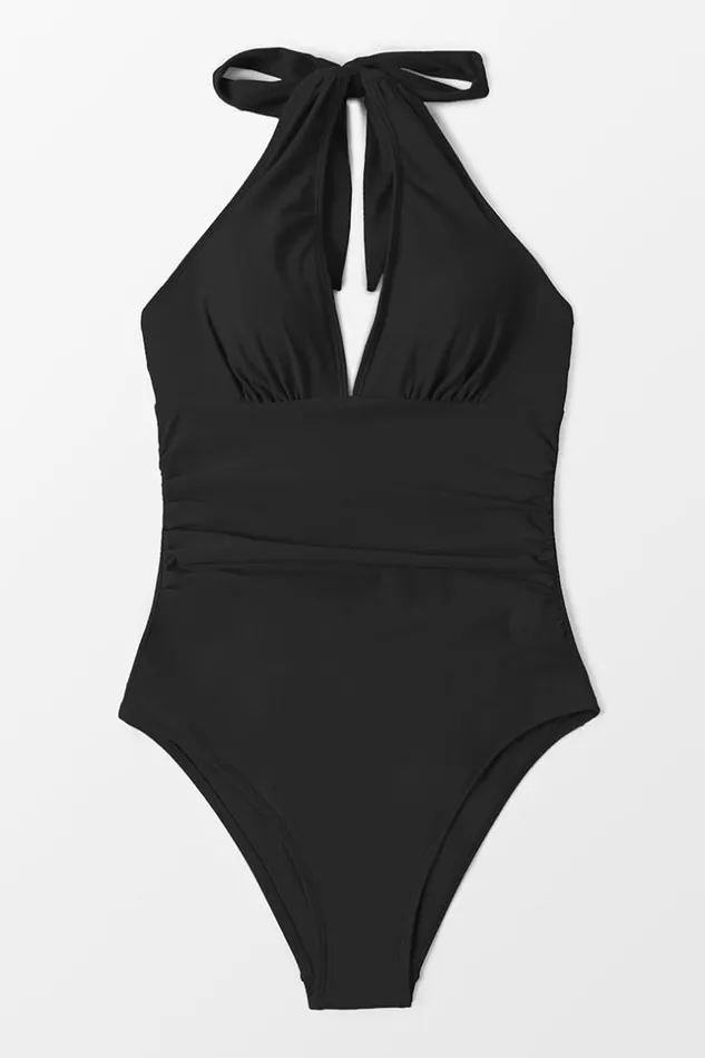 Women Halter and Lace Up Swimsuits Cupshe Pool Party Shirred Front One Piece Swimsuit Black