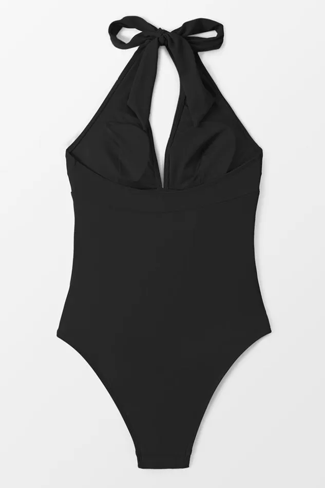 Women Halter and Lace Up Swimsuits Cupshe Pool Party Shirred Front One Piece Swimsuit Black