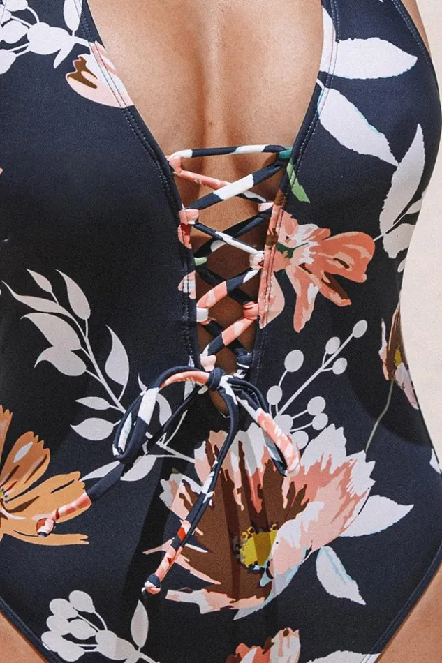 Women Halter and Lace Up Swimsuits Cupshe Selina Floral Laceup Halter One Piece Swimsuit Multicolor