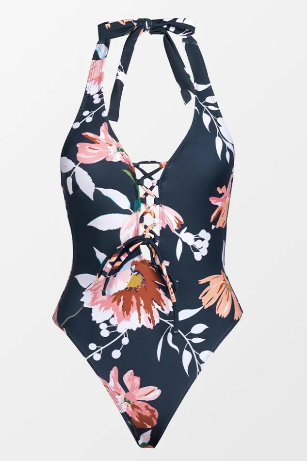 Women Halter and Lace Up Swimsuits Cupshe Selina Floral Laceup Halter One Piece Swimsuit Multicolor