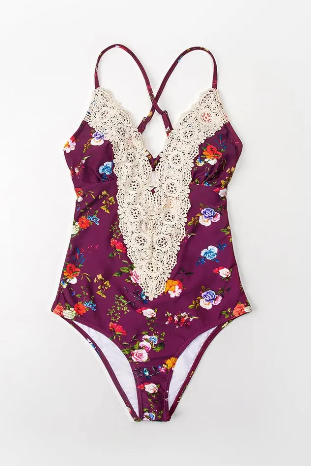 Women Halter and Lace Up Swimsuits Cupshe Summer Seaside Lace Plunge Floral One Piece Swimsuit Purple