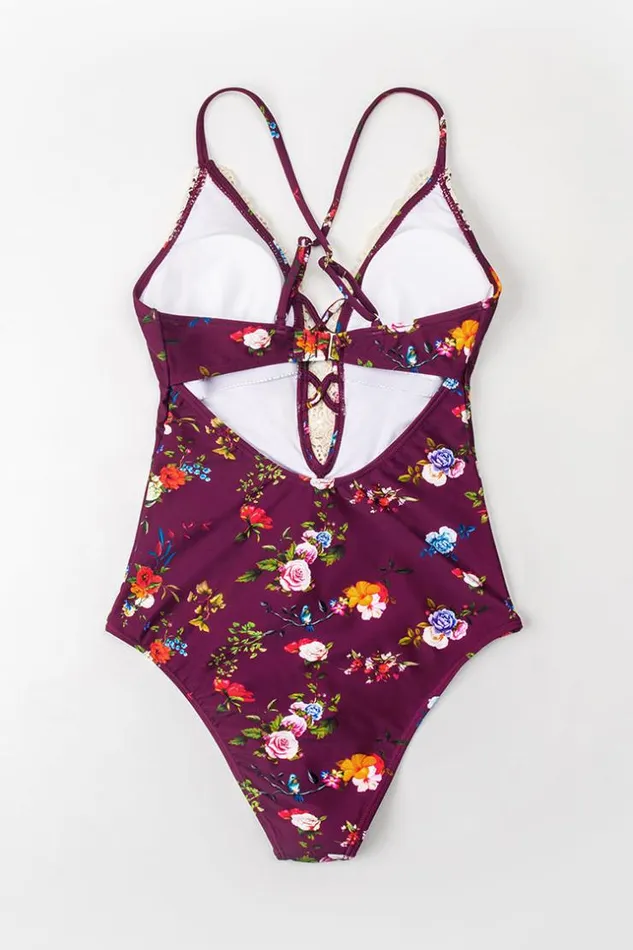 Women Halter and Lace Up Swimsuits Cupshe Summer Seaside Lace Plunge Floral One Piece Swimsuit Purple